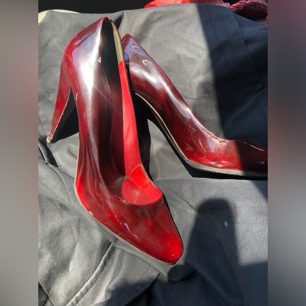 Miu Miu Women's Deep Burgundy Patent Leather Pointed-Toe MB Pumps